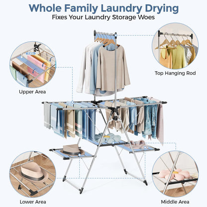 APEXCHASER Clothes Drying Rack with High Hanger, Foldable 3-Level Drying Racks with Shoe Rack, Crossbar and Vertical Rod Laundry Stand with Adjustable Wings Silver