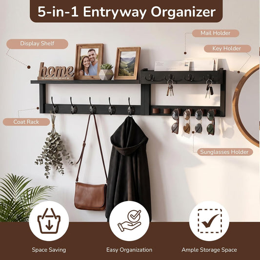 Wooden Key Holder Wall Mount with Shelf, Wall Key Rack and Mail Holder with 9 Key Hooks and 6 Sunglasses Holders, Farmhouse Key Hanger for Entryway Living Room Bedroom, Black