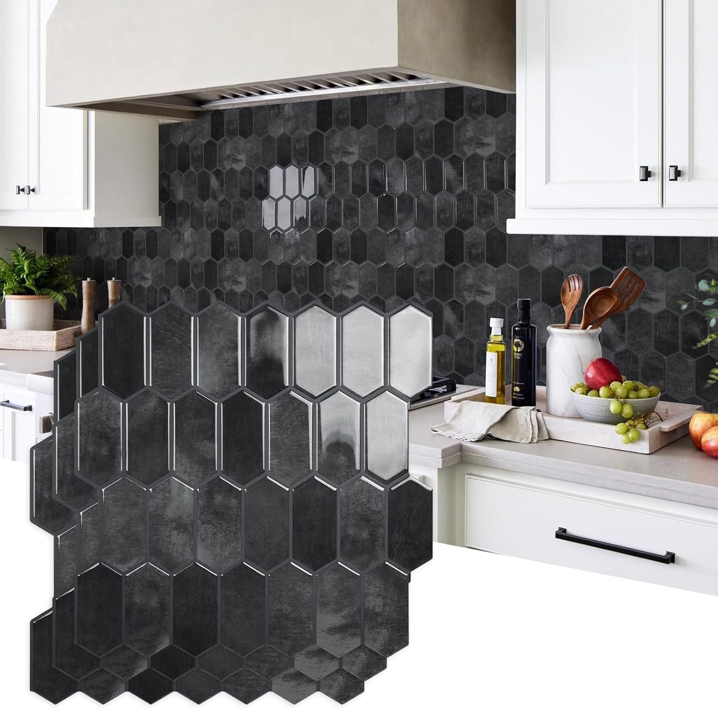 Vamos Tile Upgraded Thicker Design Peel and Stick Backsplash Tile, 10-Sheet Pure White with Gray Grout Long Hexagon Self Adhesive Wall Tiles Stick On Backsplash for Kitchen Bathroom RV Fireplace