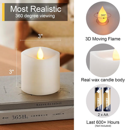 3x3 Flameless Candles with Remote Set of 2, 3 inch Battery Candles Flickering with Timer, LED Pillar Candle for Indoor/Outdoor, White