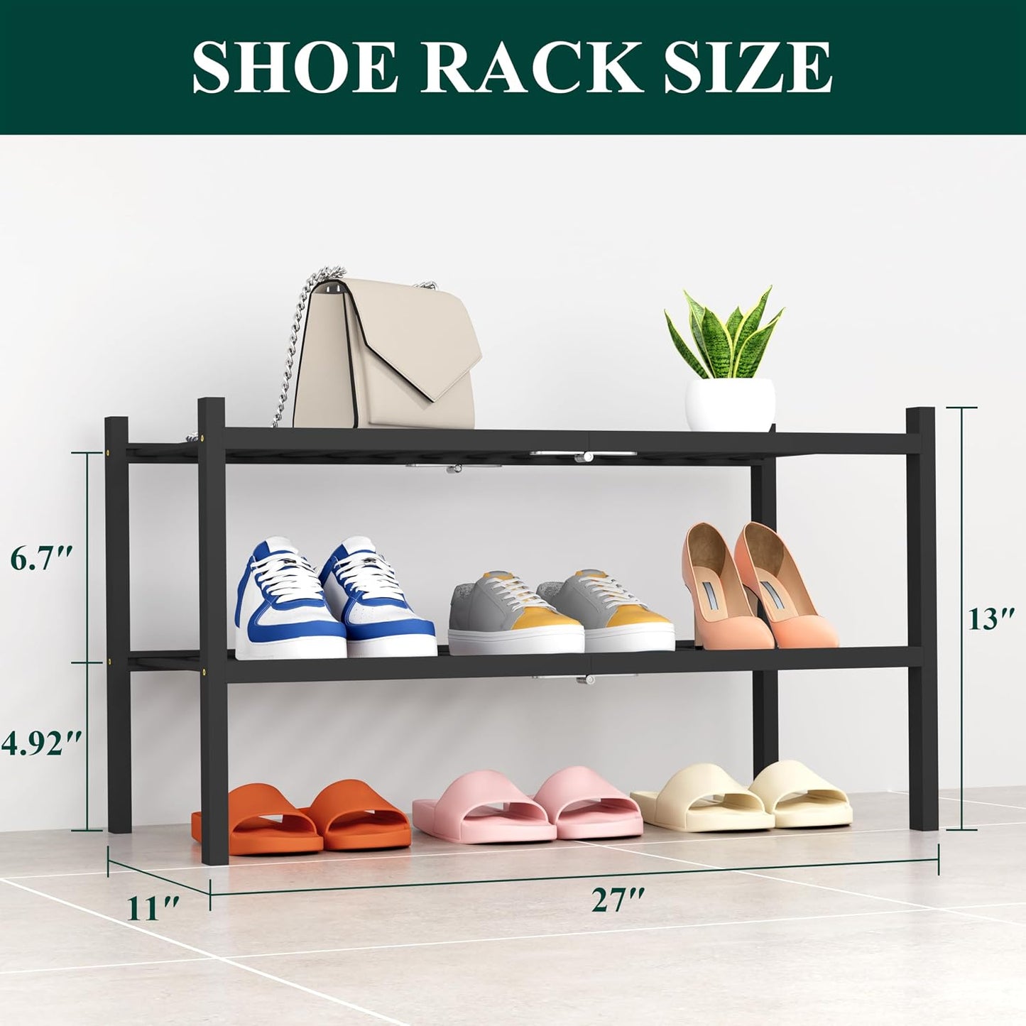 Smiry Bamboo Shoe Rack, 3 Tier Free Standing Wooden Shoe Organizer, Stackable Wood Shoe Storage Shelf for Closet, Entryway, 12 Vertical Slats, 2+1 Stack Standard Legs, 26.8"x11"x19.5", Natural
