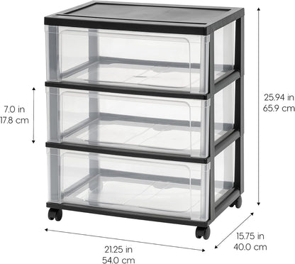 IRIS USA Plastic Drawer Storage Organizer Rolling Cart, with Wheels Casters, 3-Drawers, for Art Craft Supplies Bathroom Dorm Bedroom Laundry Room, Wide, White