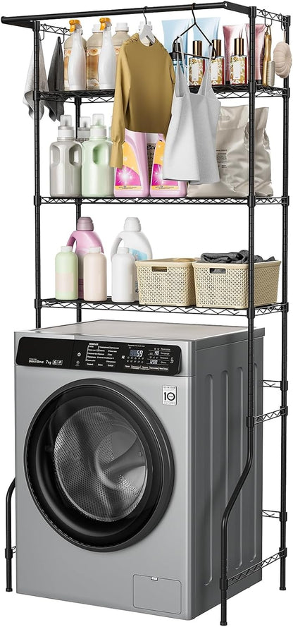 3 Tier Over Washer Dryer Storage Shelf, Carbon Steel Adjustable Height Laundry Organizer with Hooks Hanging Rod Anti-Tip for Laundry Room Black