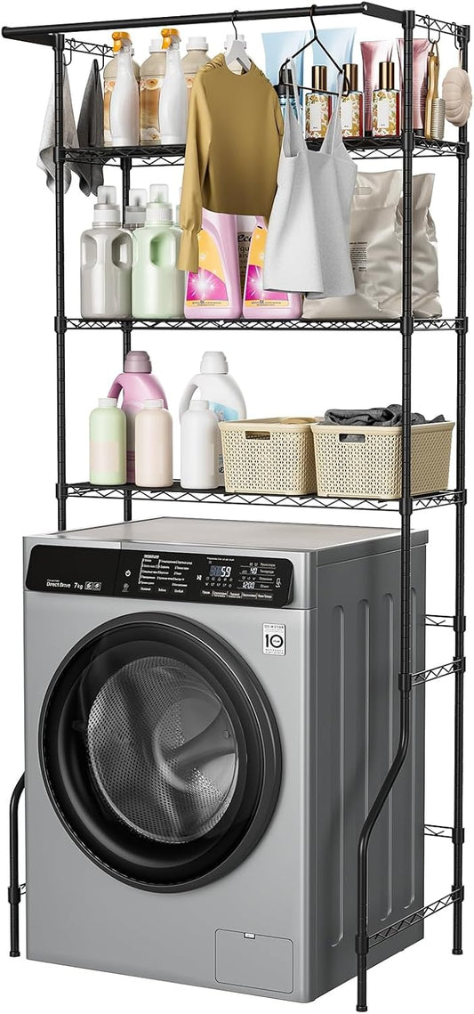 3 Tier Over Washer Dryer Storage Shelf, Carbon Steel Adjustable Height Laundry Organizer with Hooks Hanging Rod Anti-Tip for Laundry Room Black