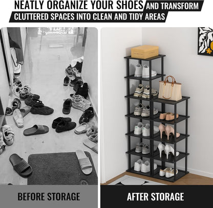 MHXW SXPN Bamboo Free Standing Shoe Rack Shelf Multi Tier Tall Wooden Stackable Shoes Rack Organizer for Closet Front Door Entrance Narrow Vertical Shoe Storage (Nature, 7 Tiers)