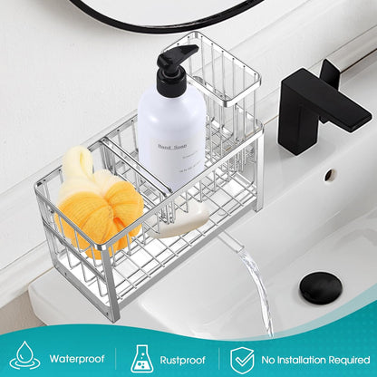 Sinnsally Kitchen Sponge Holder,Sink Caddy Organizer with High Brush Holder,Stainless Steel Sink Box Dish Scrubber Holder,Soap Tray for Kitchen Counter Accessories & Storage Rack(2 Tier - Black)
