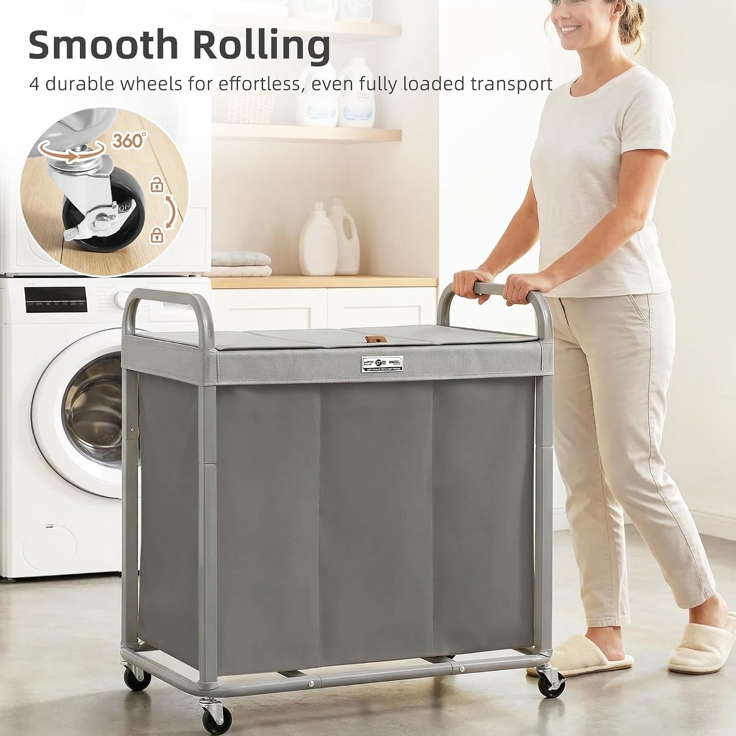 STORAGE MANIAC 3 Section Laundry Sorter, 60 Gal. Laundry Hamper Cart with Heavy Duty Rolling Lockable Wheels and Removable Bags, Clothes Organizer Basket Clothes Separator Hamper, Beige with Lid