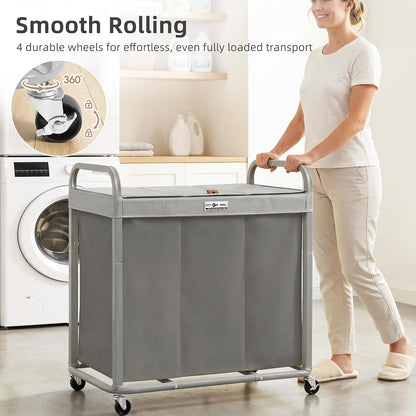 STORAGE MANIAC 3 Section Laundry Sorter, 60 Gal. Laundry Hamper Cart with Heavy Duty Rolling Lockable Wheels and Removable Bags, Clothes Organizer Basket Clothes Separator Hamper, Beige with Lid