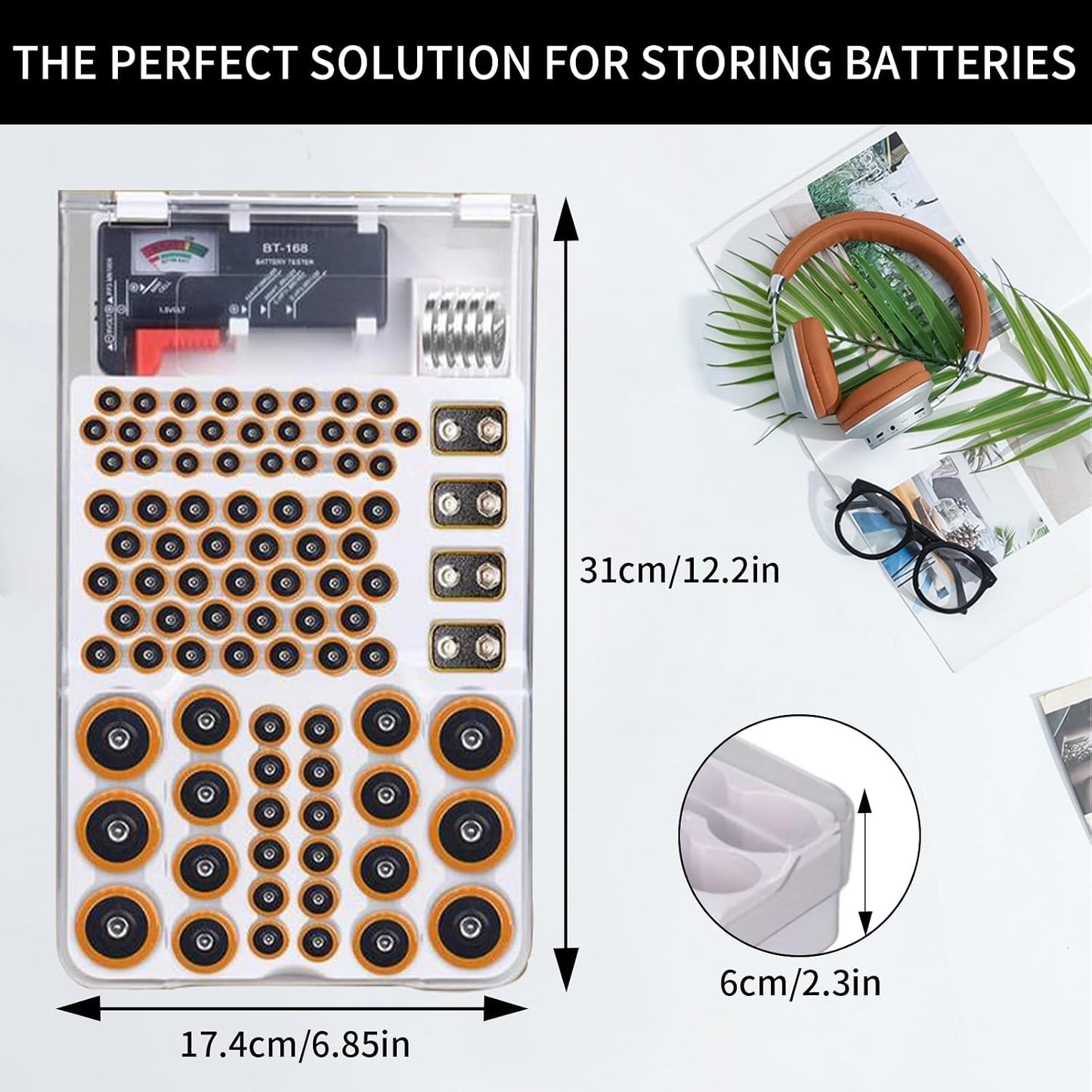 Battery Organizer Storage Box with Tester, Clear Lid Battery Organizer Storage Case, Holder Battery Carrying Case（Batteries are Not Included）