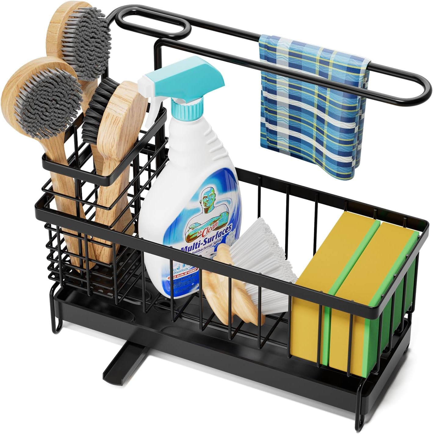 Kitchen Sink Caddy, Sponge Holder with Towel Holder, Kitchen Holder for Sink with 360 Degree Rotating Drain, Carbon Steel Rustproof, Kitchen Sink Caddy Sponge Holder for Gadgets and Decor
