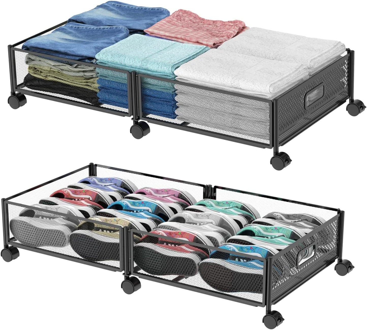 47.2'' Long Under Bed Storage on Wheels, 57.6L Large Capacity Rolling Under the Bed Storage Containers, Tool-Free Assembly Foldable Underbed Shoes Clothes Toy Drawers