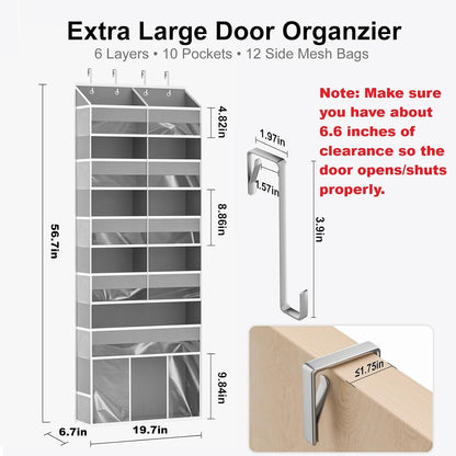Over the Door Hanging Organizer - Closet Door Organizer and Storage with Large Pockets, Swing-Proof Behind The Door Organizer for Bathroom Nursery (Grey, 1 Pack -Extra Large 6 Tier)