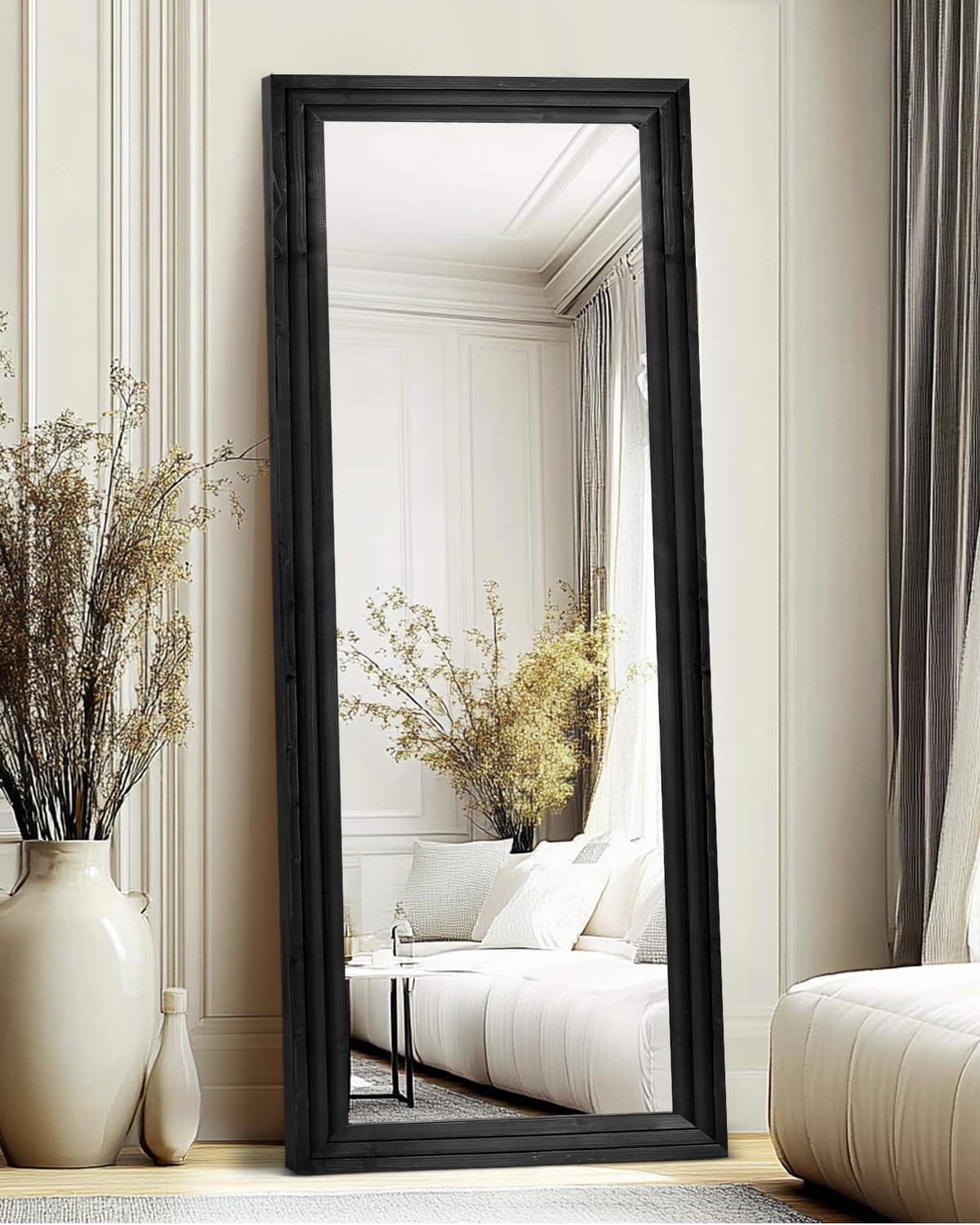 Full Length Mirror 65"x22" with Stand Solid Wood Frame Floor Large Mirror for Living Room, Bedroom Hanging Standing or Leaning Wall-Mounted, New Black