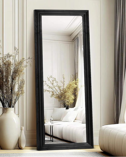 Full Length Mirror 65"x22" with Stand Solid Wood Frame Floor Large Mirror for Living Room, Bedroom Hanging Standing or Leaning Wall-Mounted, New Black