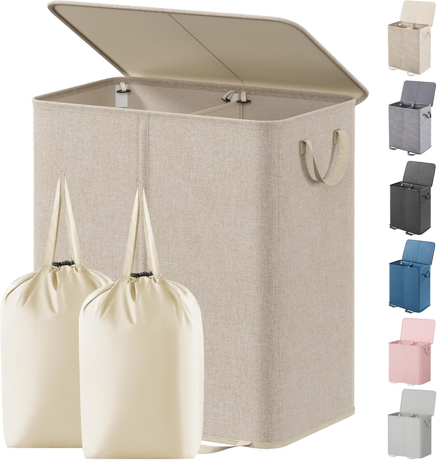 Lifewit Double Laundry Hamper with Lid and Removable Laundry Bags, Large Collapsible 2 Dividers Dirty Clothes Basket with Handles for Bedroom Laundry Room Closet Bathroom College, 136L Beige