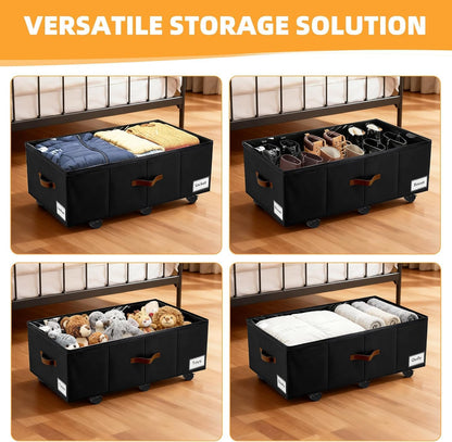 Under Bed Storage with Wheels,Underbed Storage with Sturdy Sidewalls/Bottom, Clear Cover, Label and PU Handle, Rolling Under Bed Drawers for Clothes, Shoes, 6.5 Inch Height,Black, 2 Pack