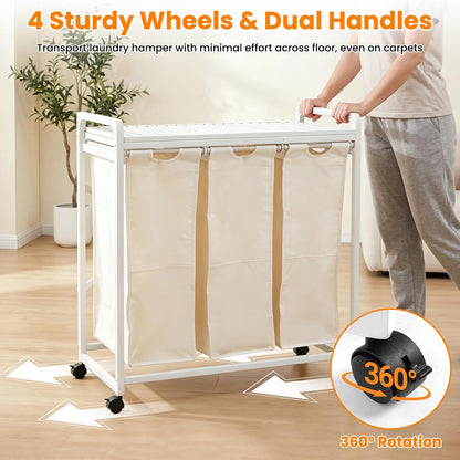 Bamboo Laundry Hamper 3 Section with Lid, 150L Laundry Sorter with Lockable Wheels, Pull-Out Removable Washable Bags, 3 × 12.5 Gal Divided Laundry Baskets for Laundry Room, Bathroom (White)