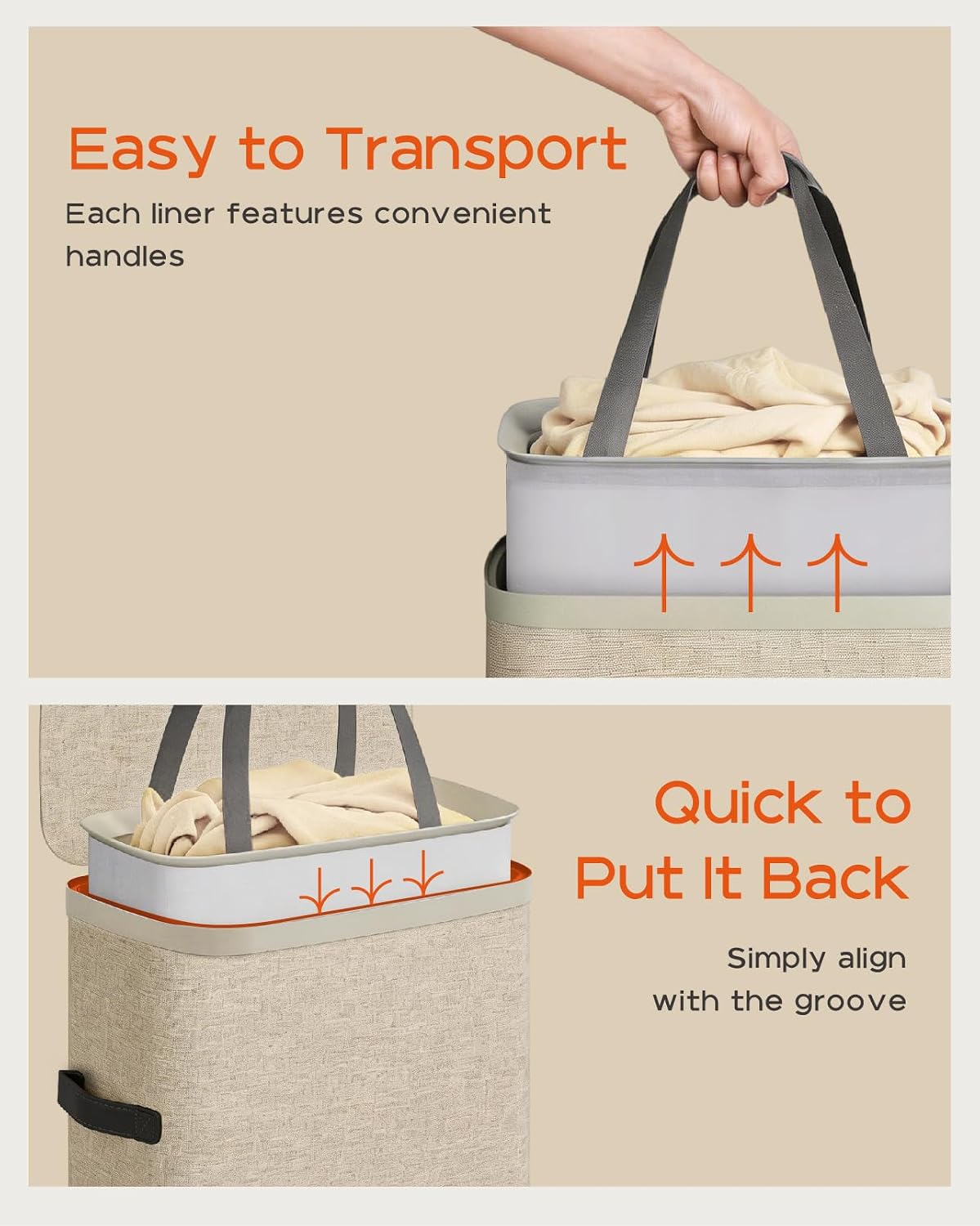 CASAMAYA Laundry Basket with Lid, Laundry Hamper 3 Section, 190L collapsible Laundry Organizer, Easy Assembly, with Handles and Removable Liners, 25.2 x 15.7 x 29.5 Inches, Beige JSP904M