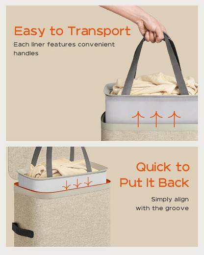 CASAMAYA Laundry Basket with Lid, Laundry Hamper 3 Section, 190L collapsible Laundry Organizer, Easy Assembly, with Handles and Removable Liners, 25.2 x 15.7 x 29.5 Inches, Beige JSP904M