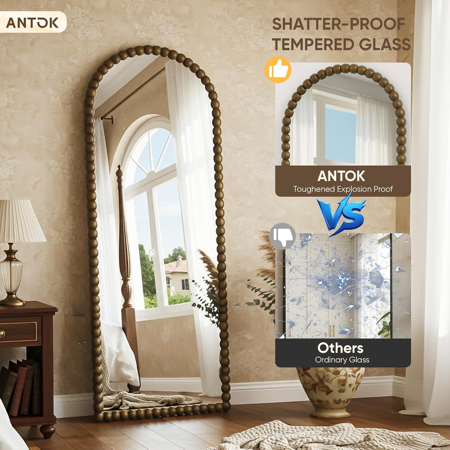 Antok 58" x 21" Arched Full Length Mirror, Antique Beaded Frame Floor Standing or Wall Mounted Mirror with Stand for Bedroom, Entryway, Brown, Luxury Style