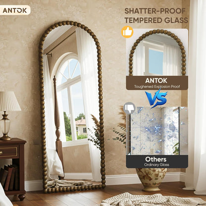Antok 58" x 21" Arched Full Length Mirror, Antique Beaded Frame Floor Standing or Wall Mounted Mirror with Stand for Bedroom, Entryway, Brown, Luxury Style