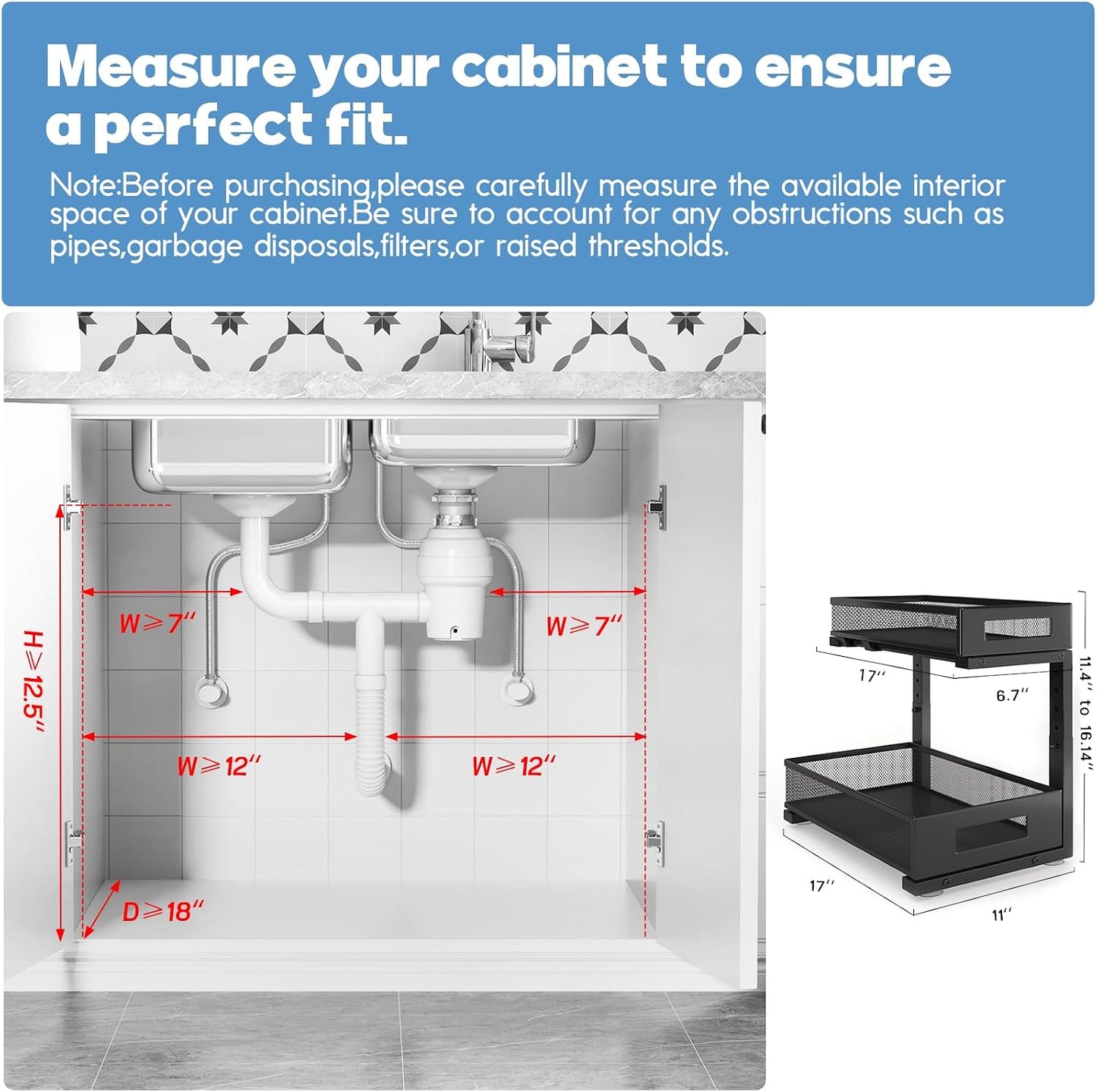 2-Pack Under Sink Storage Organizer, Large 2-Tier Elegant Mesh Pull Out Shelf for Kitchen and Bathroom Cabinet Organization, L-Shaped and Adjustable Height Design,Patent Pending-Black