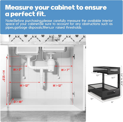 2-Pack Under Sink Storage Organizer, Large 2-Tier Elegant Mesh Pull Out Shelf for Kitchen and Bathroom Cabinet Organization, L-Shaped and Adjustable Height Design,Patent Pending-Black