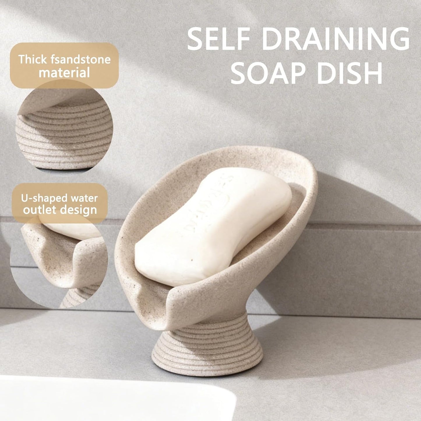 Self Draining Soap Dish with Suction Cup, Leaf Shaped Resin Soap Holder for Bathroom, Shower, Sink & Kitchen (Beige)