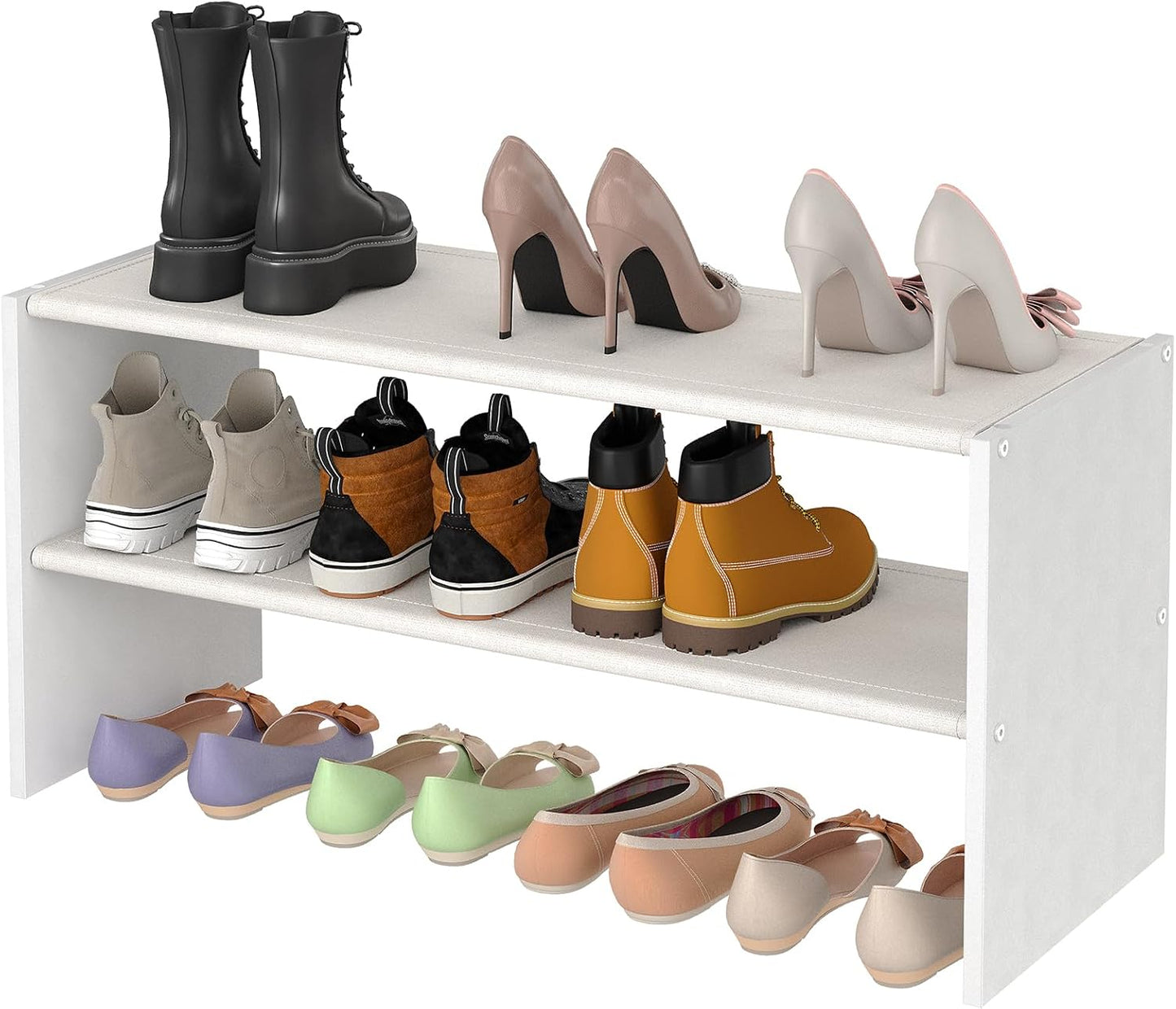 Cidaziya 2 Tier Small White Shoe Rack for Closet, Stackable Shoe Shelf Organizer for 9-12 Pairs of Shoes, Portable Wood and Cloth Structure, Small Shoe Storage Organizer, Size 28.5"* 11" * 13"