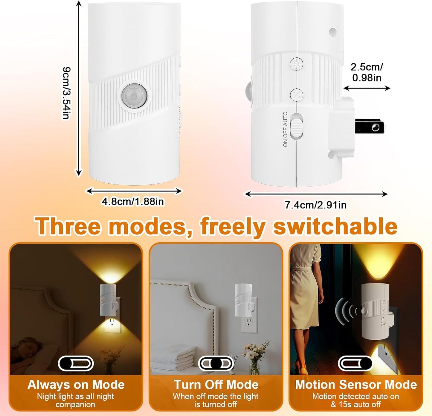 LED Night Light Plug in, Modern Night Lights Plug into Wall, Motion Activated Night Light, 0-100LM Soft White 3000K, Adjustable Brightness Night Lights for Hallway Bedroom Stairway, 2 Pack