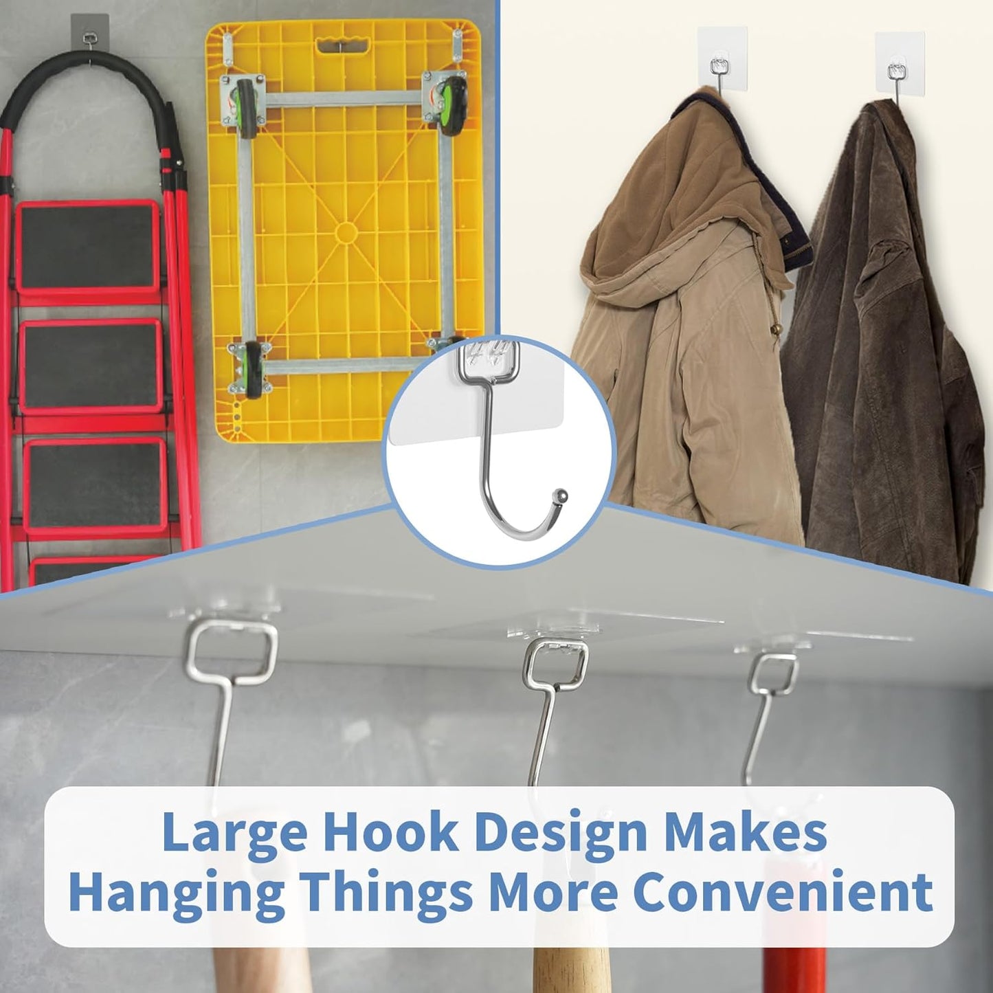 Adhesive Wall Hooks for Hanging - 60lb Heavy Duty Waterproof & Rustproof, Sticky Hooks for Walls No Damage, Kitchen/Bathroom/Rental (Ganchos para Pared) 10-Pack