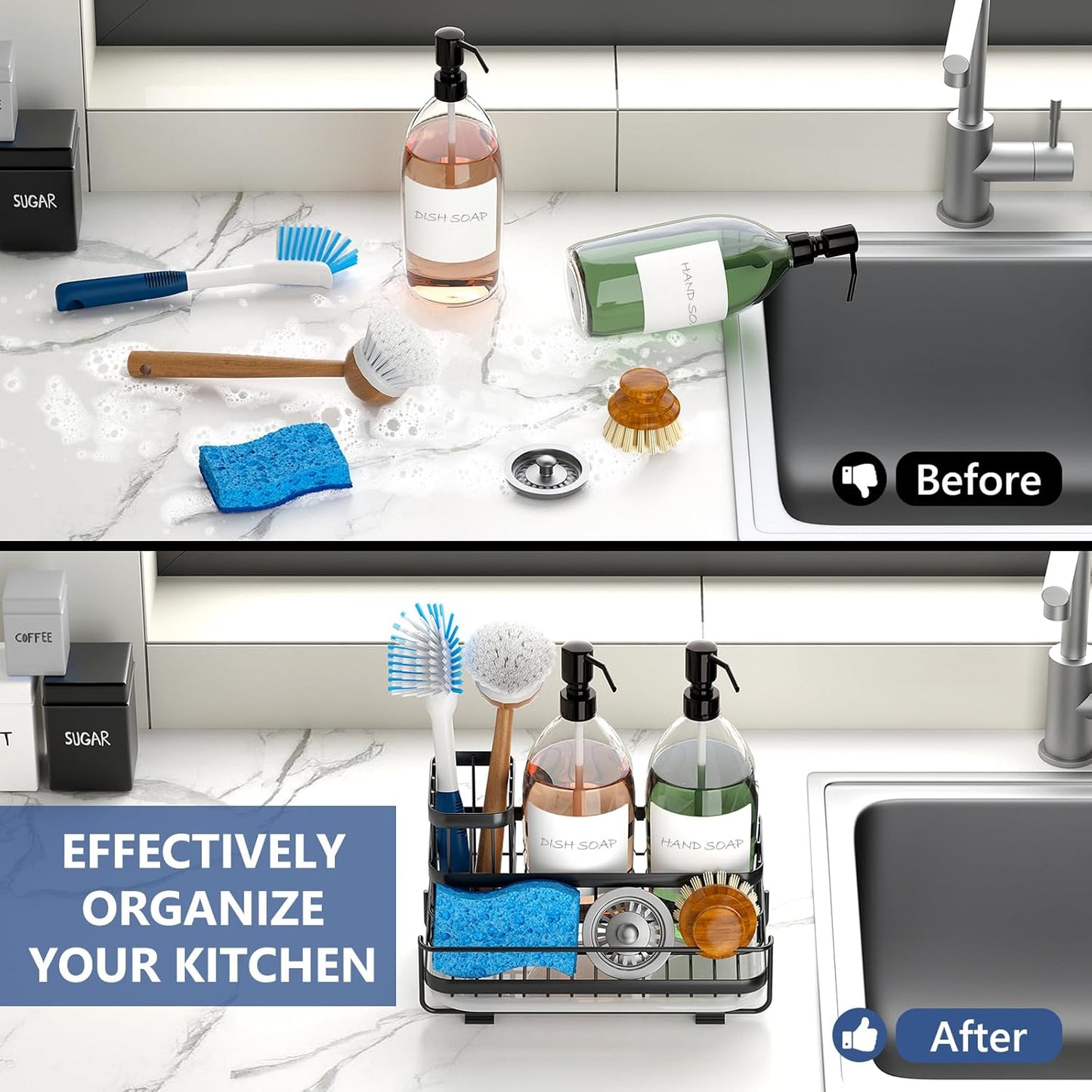 Trendy Sink Caddy Kitchen Organizer, Non-Slip Dish Soap Dispenser Rack with Drain Tray, Rustproof Brush Holder for Countertop Storage (Matte Black)