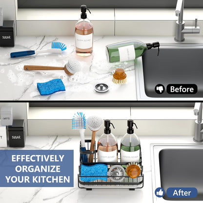 Trendy Sink Caddy Kitchen Organizer, Non-Slip Dish Soap Dispenser Rack with Drain Tray, Rustproof Brush Holder for Countertop Storage (Matte Black)