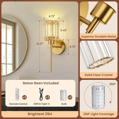 Crystal Battery Operated Wall Sconces, Brushed Gold Rechargeable Wireless Wall Sconce Lights with Dimmable Bulbs and Remote, 12 Colors and 3CCT Dimmable Crystal Lamps for Living Bedroom, 3000~6000K