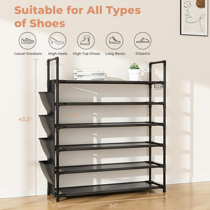 LANTEFUL 6 Tier Shoe Rack Storage for 24-30 Pairs Shoe and Boot, Shoe Organizer with Hook and Side Pocket Free Standing Long Shoe Shelf Tall Shoe Rack Organizer for Closet, Entryway, Dorm, White