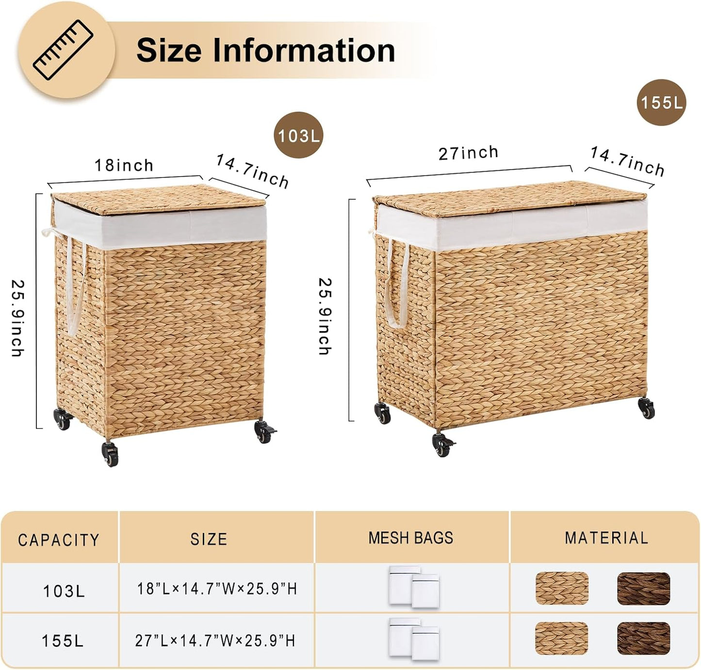 3-Section Laundry Hamper with Lid, Large Capacity Woven Natural Water Hyacinth Laundry Sorter with Removable Liners, Rolling or Non-Slip Design for Bedroom (Natural, 155L)