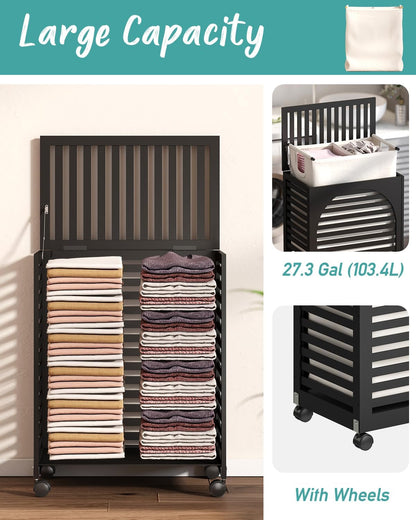 Black Laundry Hamper with Wheels, Laundry Basket with Lid, 22.5 Gallon (85L) Bamboo Wood Clothes Laundry Hamper 2 Section with Handles, Removable Liner
