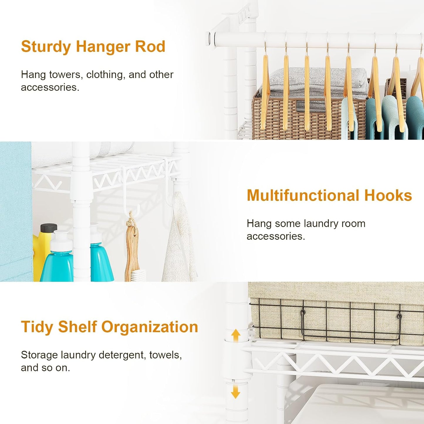 ULIFHOME U14 Over Washer and Dryer Storage Shelves, 4 Tiers Laundry Room Storage and Organizer System, Space Saving Clothes Drying Rack with 2 Clothes Hanger Rods, 66.5" W x 20.5" D x 77.4" H, Black