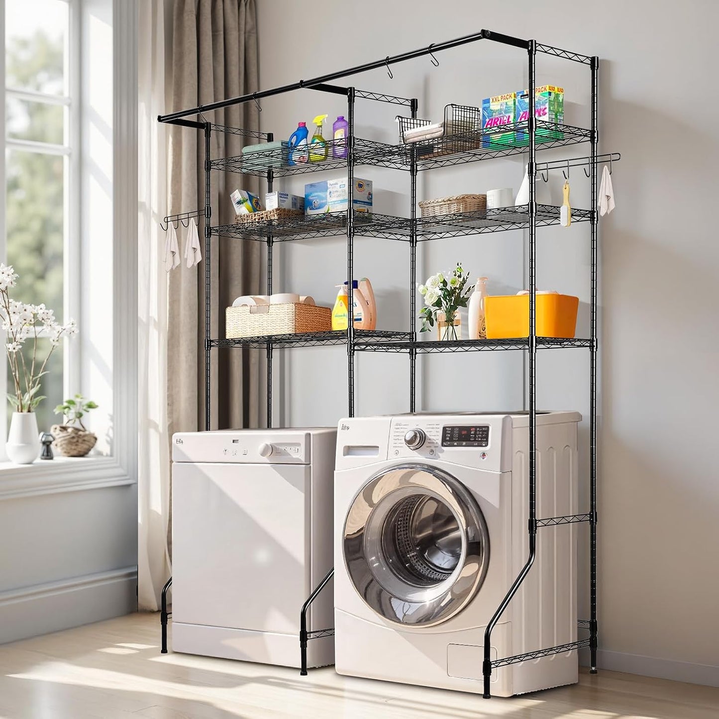 VEVOR Over Washer and Dryer Storage Shelves, 6 Tiers Laundry Room Drying Rack with Hanger Rod and Hooks, Two Rows Adjustable Washer Shelves Space Saver, for Laundry Room Storage & Organization, Black