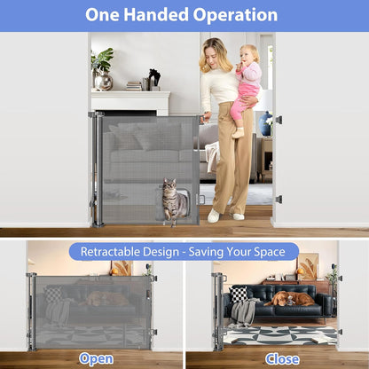Retractable Baby Gate with Cat Door 55" Wide Retractable Baby Gate for Stairs Mesh Baby Gate with Pet Door Retractable Dog Gate for The House Retractable Pet Gate with Door Safety Gates for Toddlers