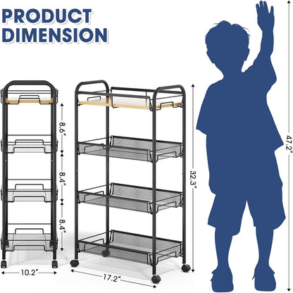 TOOLF 4-Tier Slim Rolling Cart, Metal Utility Cart, Slide Out Storage Cart with Wooden Tabletop and Mesh Baskets for Narrow Space on Kitchen Bathroom Laundry Room Bedroom Apartments Dormitory