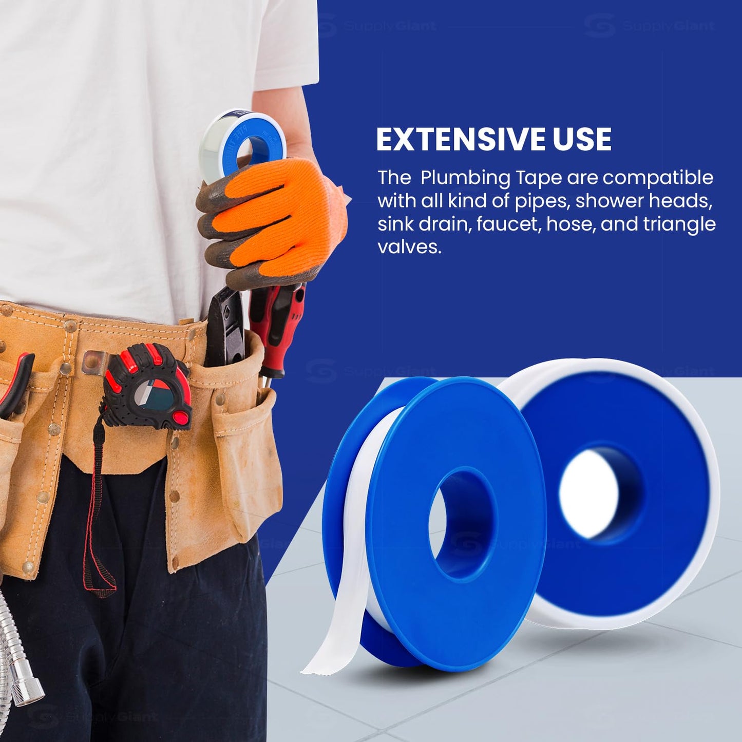 Supply Giant Plumbers PTFE Tape 3/4" W x 260" L Pipe Thread Tape, High Density Thread Sealant Tape Water Seal Plumbing Tape for Shower Head, Pipes, Gas Lines, Leak Prevention