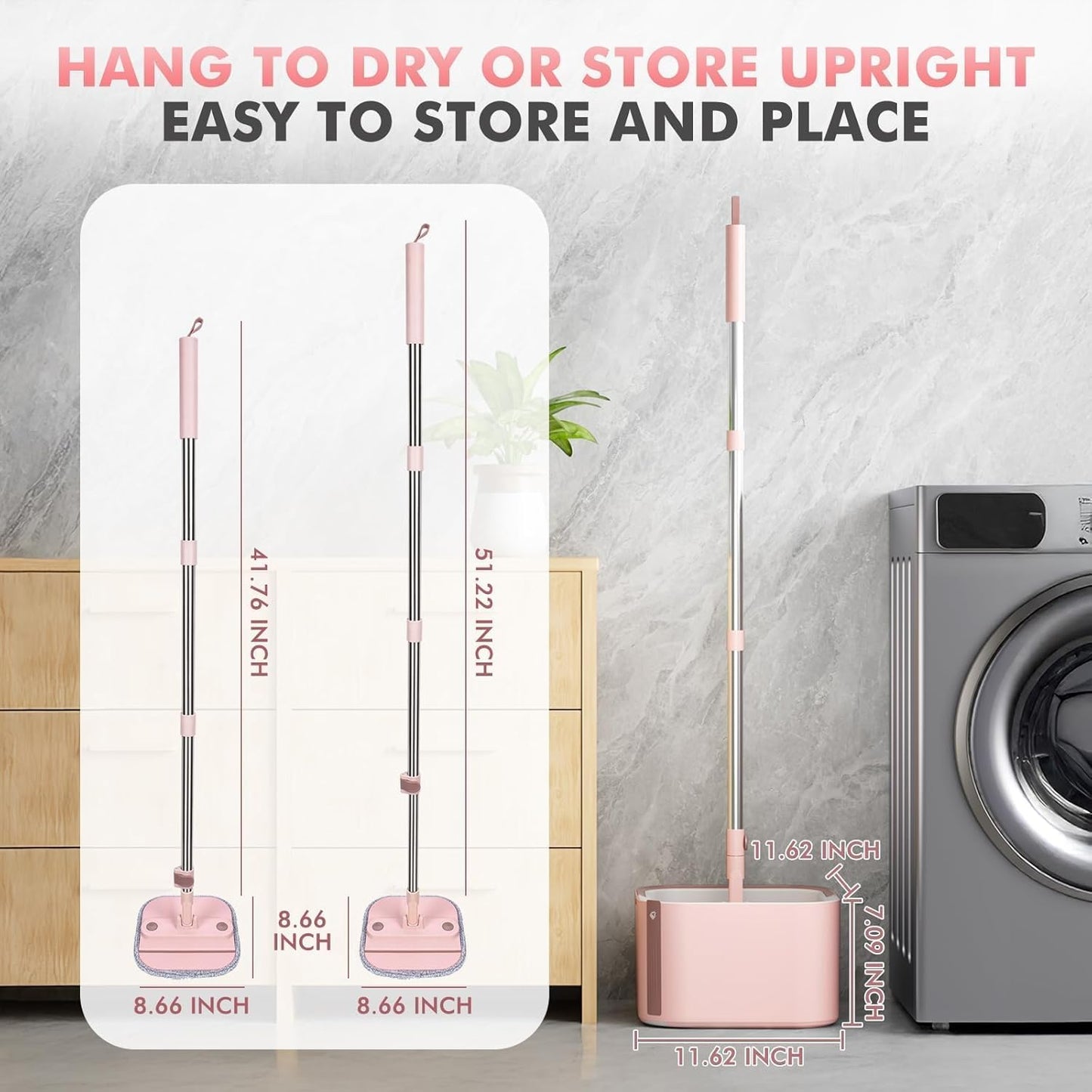 Spin Mop and Bucket Set with 2 Replaceable Microfiber Mop Pads with Self Separation Dirty and Clean Water System, Self Wringing 360° Rotating Square Mop Head for Hardwood Tile Marble Floors