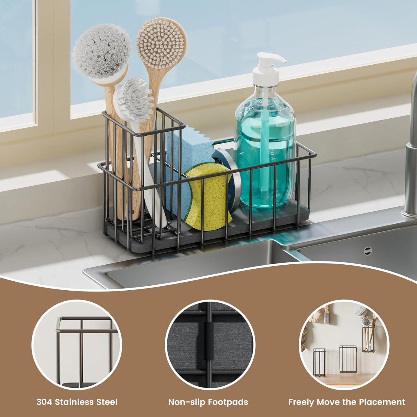 Kitchen Sink Countertop Sponge Holder - Stainless Steel Soap Caddy - Home Decor Kitchens Counter Organizer Accessories - Dish Brush Holder with Drain Rack and Tray - Organization and Storage Gadgets