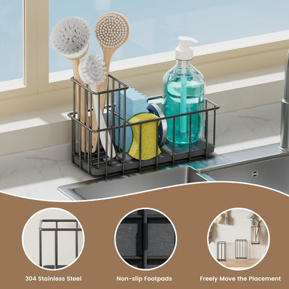 Kitchen Sink Countertop Sponge Holder - Stainless Steel Soap Caddy - Home Decor Kitchens Counter Organizer Accessories - Dish Brush Holder with Drain Rack and Tray - Organization and Storage Gadgets