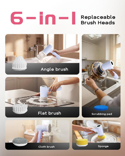 PUFTEM Electric Spin Scrubber for Bathroom Cleaning, Cordless Shower Scrubber with 6 Brush Heads, Dual-Direction Rotation, Handheld Cleaning Brush for Grout, Tile, Tub, Sink & Corners, Purple