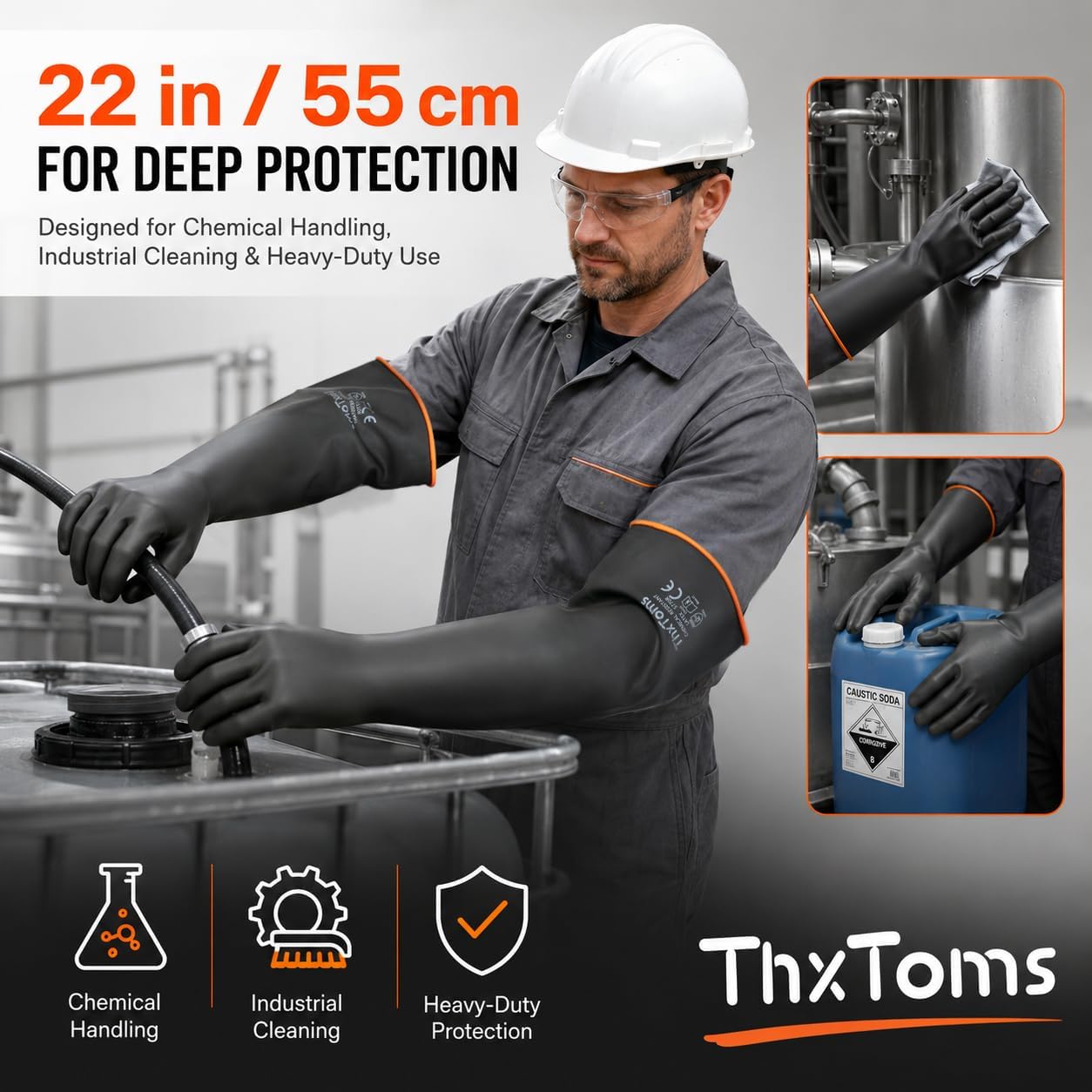 ThxToms Heavy Duty Latex Gloves,Long Rubber Gloves, Chemical Resistant Gloves,Puncture Resistant, Resist Acid,Oil,Alkali, Waterproof for Industrial Cleaning, Gardening, 22", 1 Pair