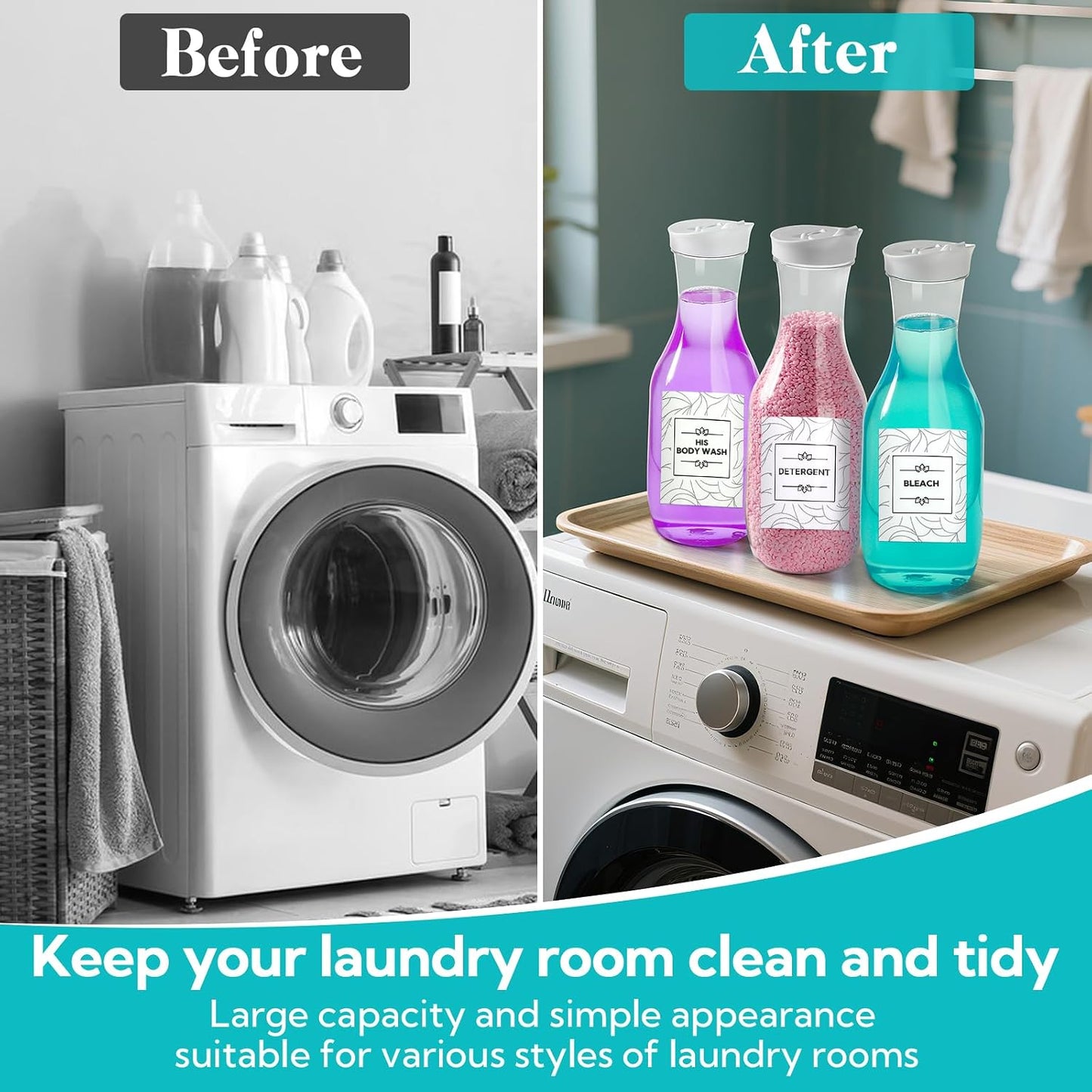VZZNN 4 Pack Laundry Bottles 53oz Plastic Liquid Detergent Dispenser with 20 Label Laundry Room Organization for Liquid Powder Bleach Scent Booster Beads Soap Fabric Softener