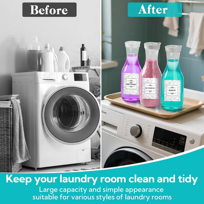 VZZNN 4 Pack Laundry Bottles 53oz Plastic Liquid Detergent Dispenser with 20 Label Laundry Room Organization for Liquid Powder Bleach Scent Booster Beads Soap Fabric Softener
