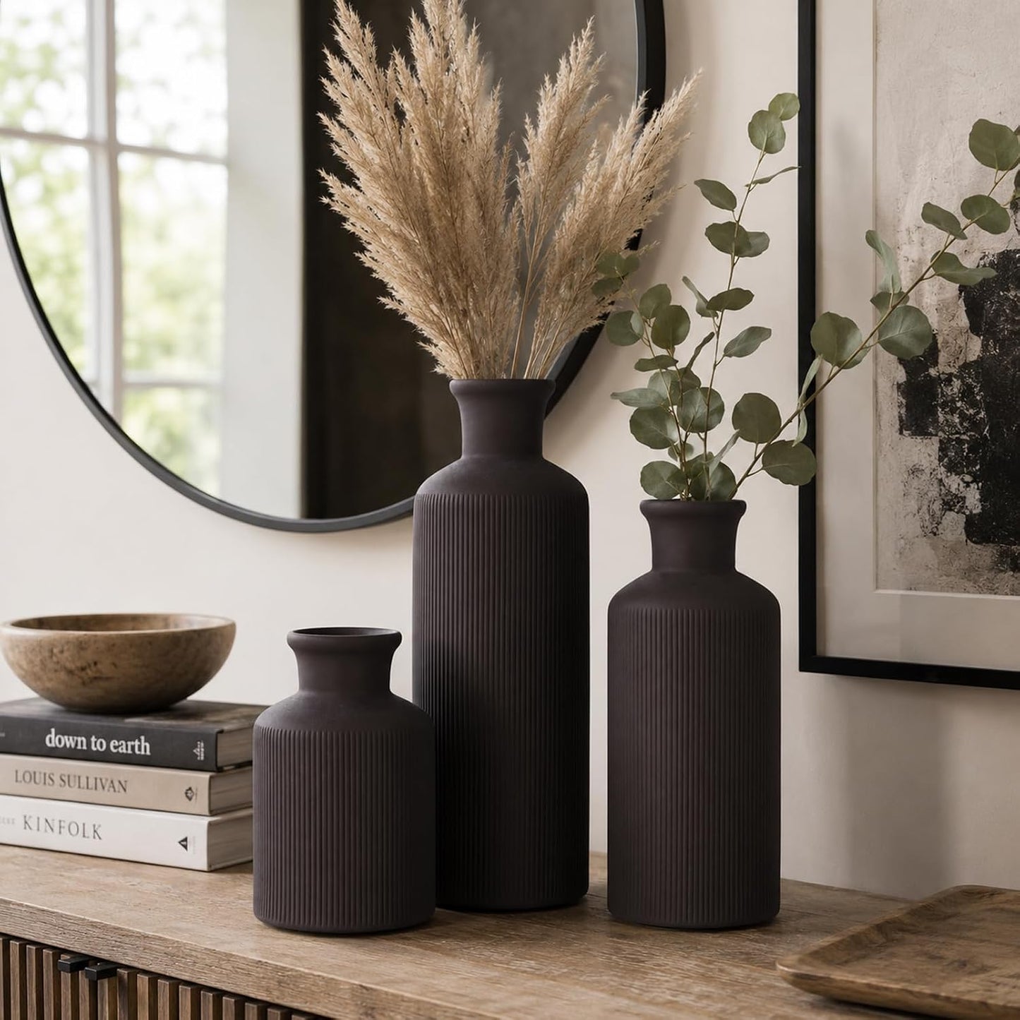 Ceramic Vase Set of 3 – Small Flower Vases, Modern Farmhouse Boho Flower Vases for Home Decor, Rustic Pottery Vases for Centerpieces, Living Room, Shelf, Fireplace, Entryway Decor, Table or Cabinet